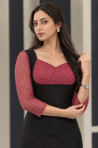 Black Magenta Embroidered Kurti Set