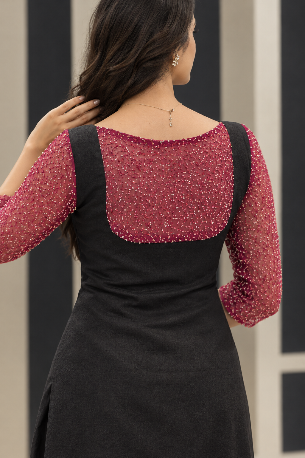 Black Magenta Embroidered Kurti Set