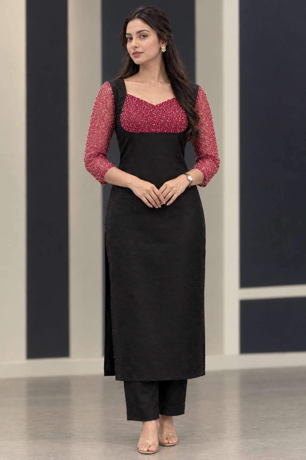 Black Magenta Embroidered Kurti Set