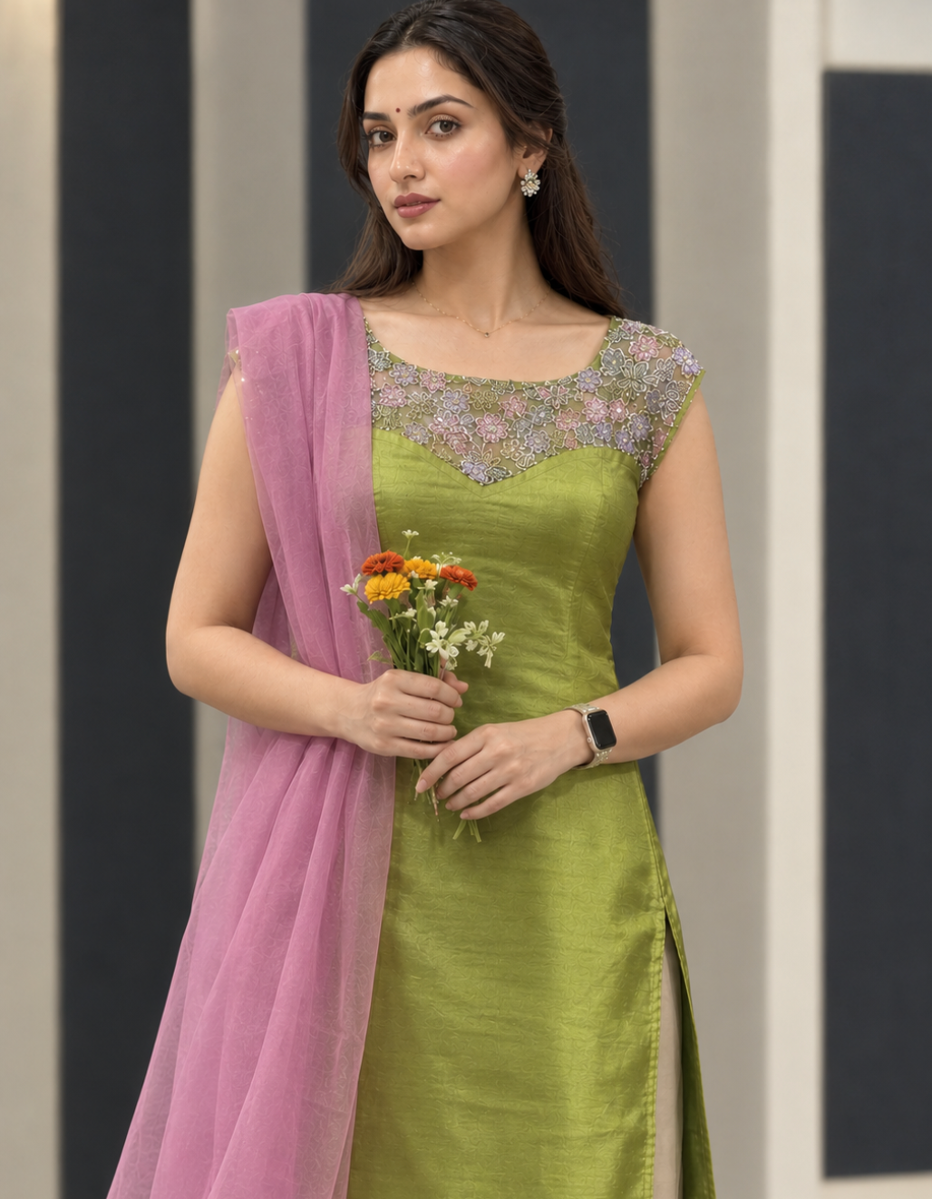 2 Piece Green Tissue Kurti Set