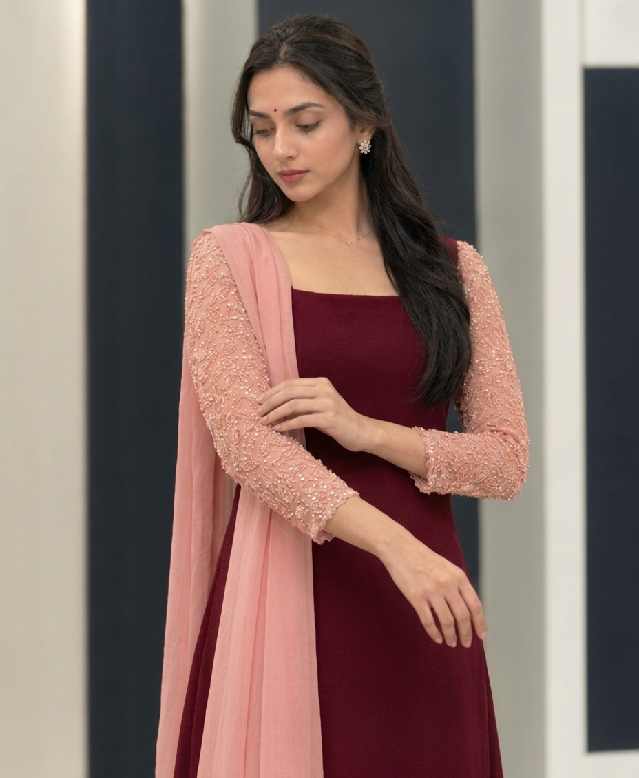 3 Piece Mul Chanderi Designer Kurti Set