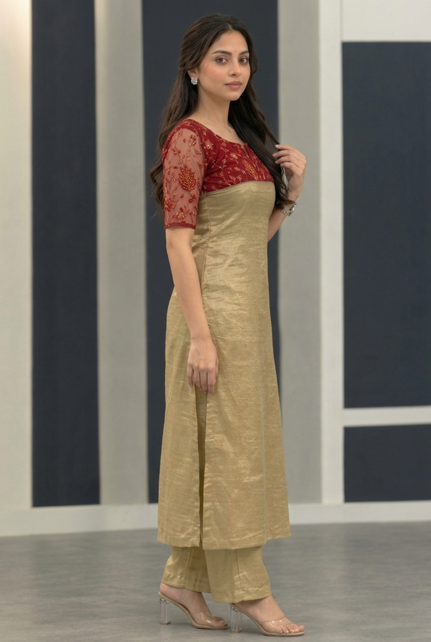 Red & Gold Tissue Kurti Set