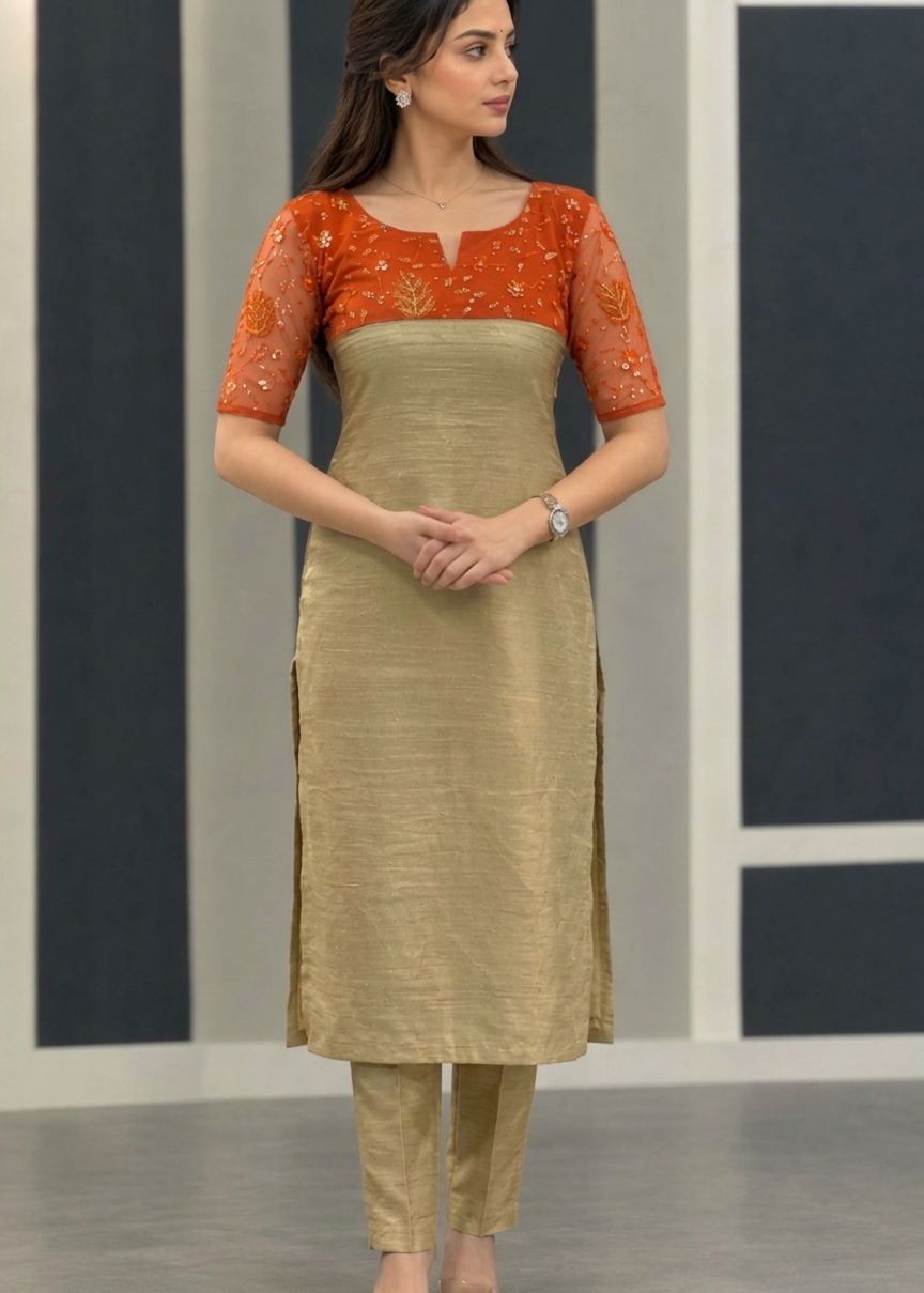 2 Piece Rust Embroidery Kurti Set